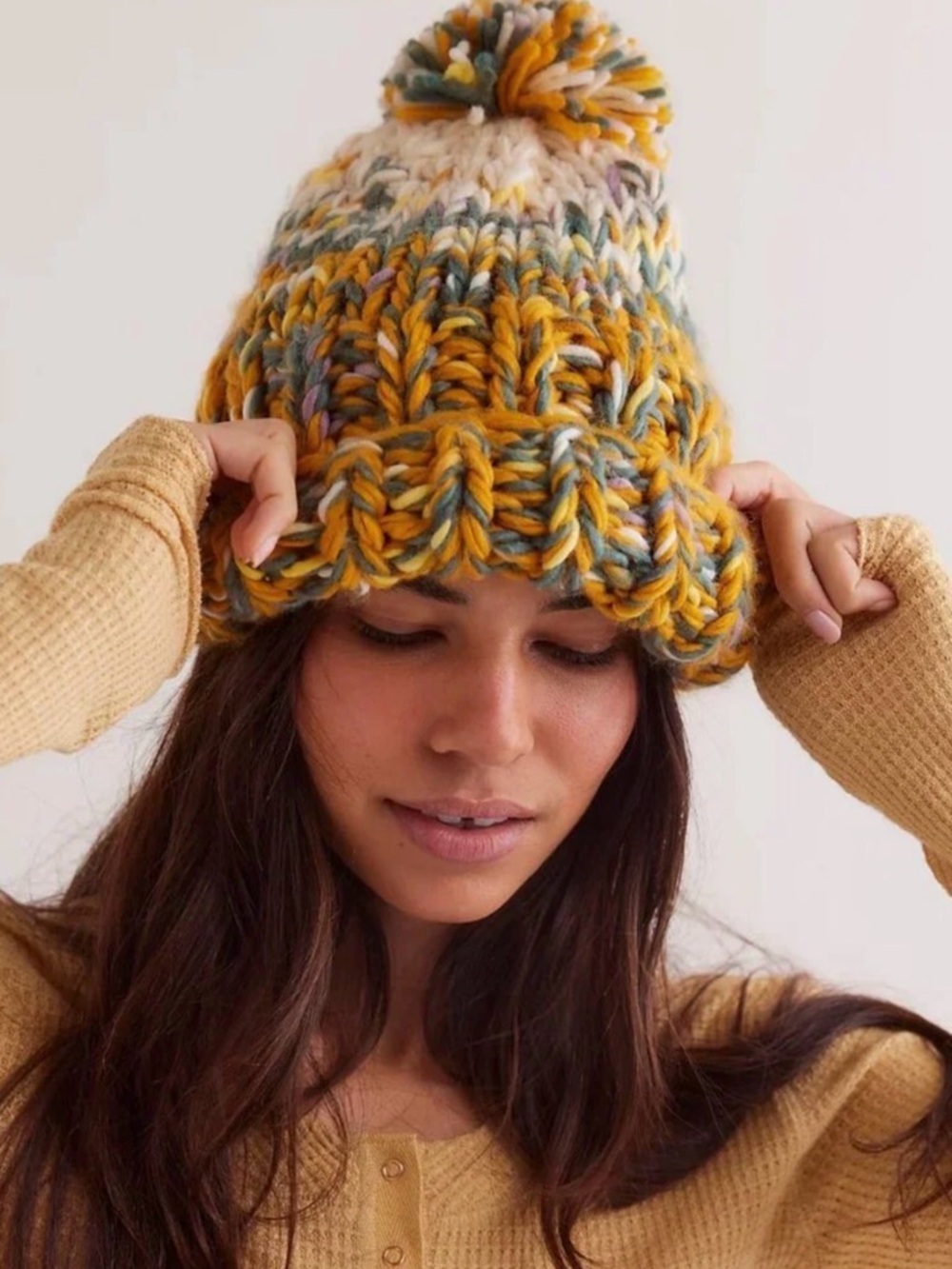 Free People Chunky Knit Pom Beanie - Multicolor Yellow